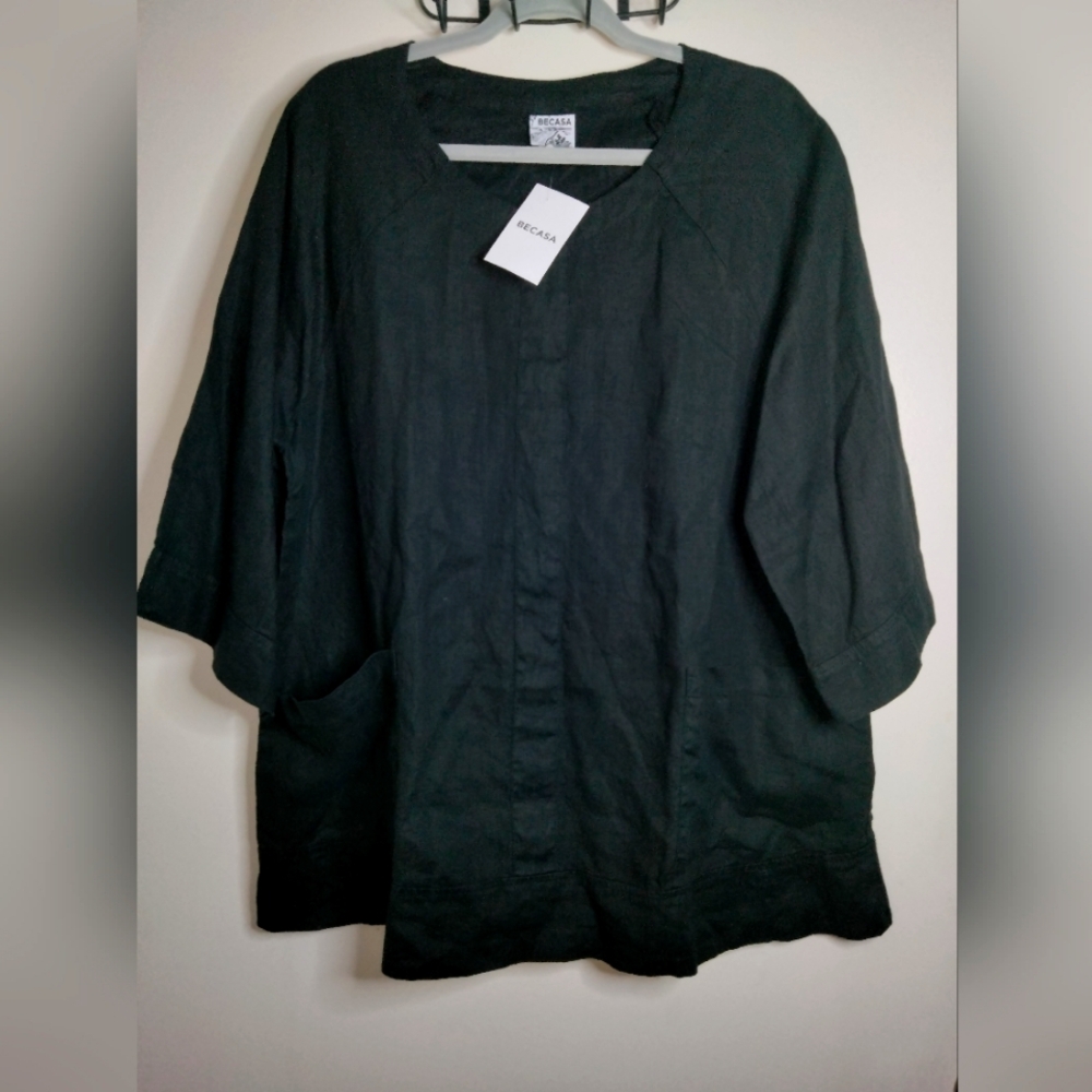 Becasa (Size L) Classic Black 100% Linen Wide Sleeve Slip Pockets Top (NEW-NWT)